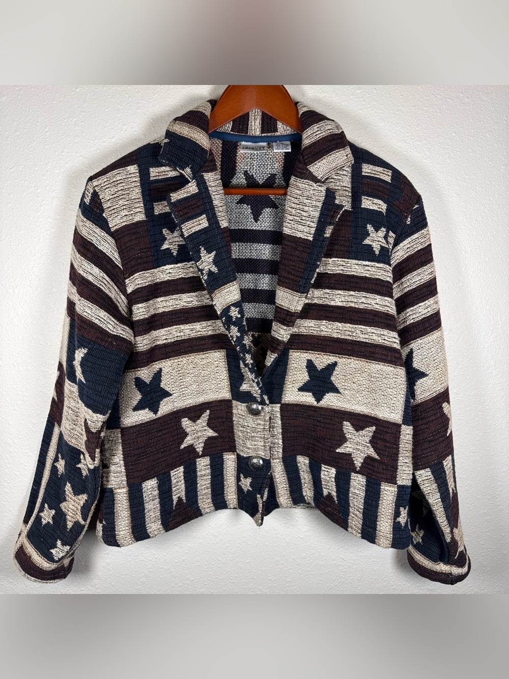 American Flag Tapestry Jacket Blazer Vintage M Silver Buttons Patriotic Boho
